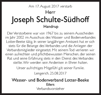 Traueranzeige von Joseph Schulte-Südhoff von Neue Osnabrücker Zeitung GmbH & Co. KG