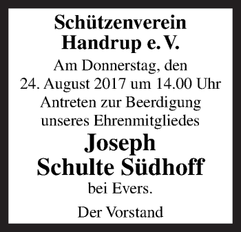 Traueranzeige von Joseph Schulte Südhoff von Neue Osnabrücker Zeitung GmbH & Co. KG