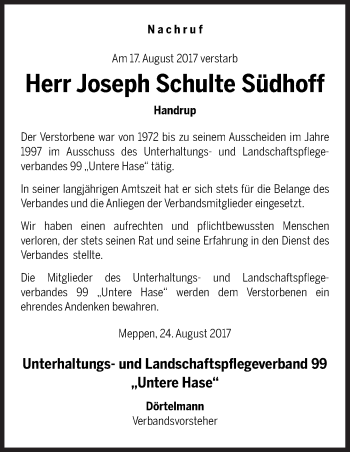 Traueranzeige von Joseph Schulte Südhoff von Neue Osnabrücker Zeitung GmbH & Co. KG