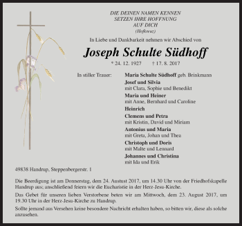 Traueranzeige von Joseph Schulte Südhoff von Neue Osnabrücker Zeitung GmbH & Co. KG