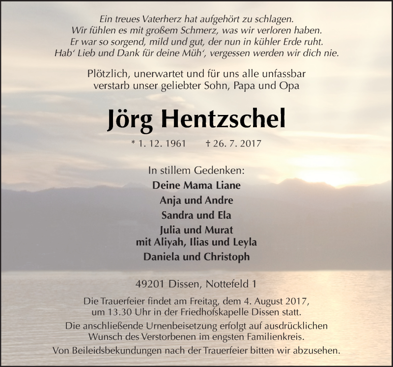  Traueranzeige für Jörg Hentzschel vom 01.08.2017 aus Neue Osnabrücker Zeitung GmbH & Co. KG