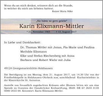 Traueranzeige von Karin Elixmann-Mittler von Neue Osnabrücker Zeitung GmbH & Co. KG