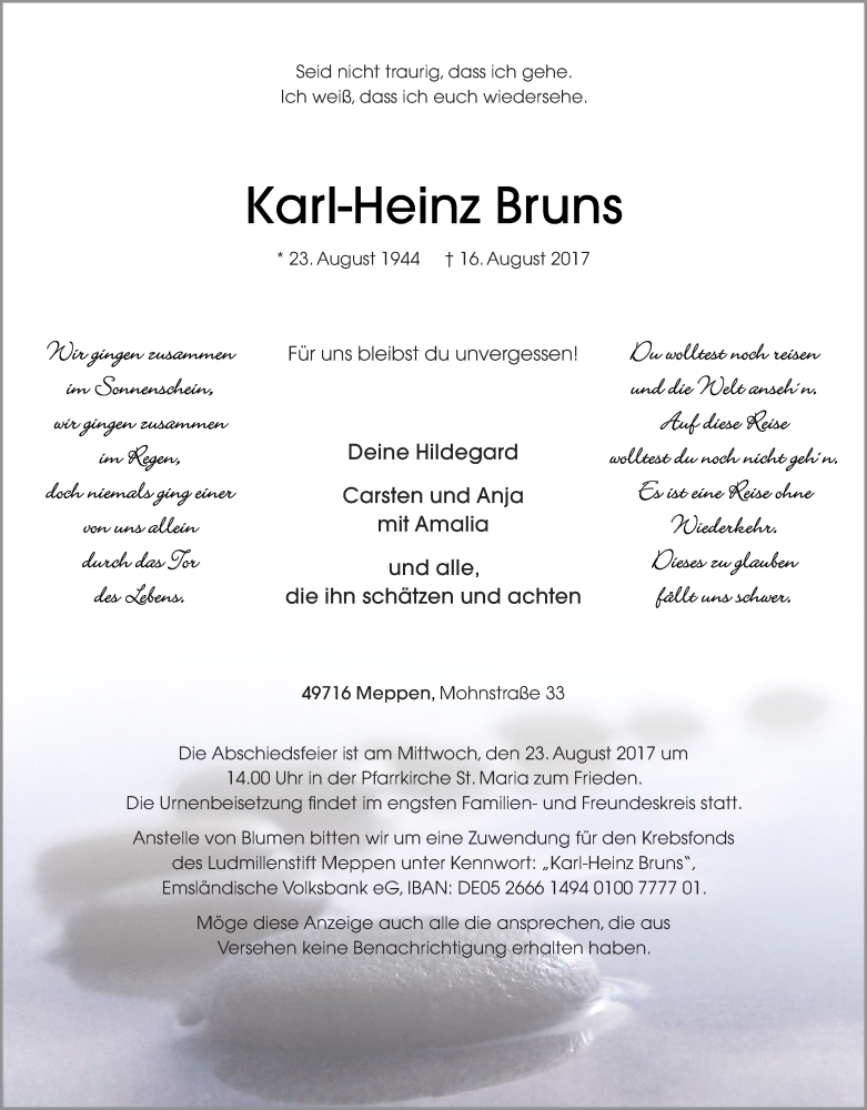  Traueranzeige für Karl-Heinz Bruns vom 19.08.2017 aus Neue Osnabrücker Zeitung GmbH & Co. KG