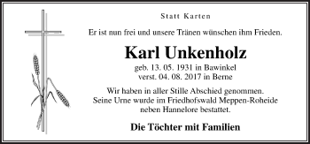 Traueranzeige von Karl Unkenholz von Neue Osnabrücker Zeitung GmbH & Co. KG