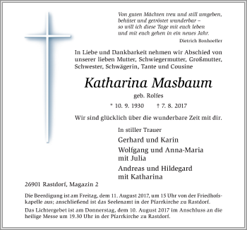 Traueranzeige von Katharina Masbaum von Neue Osnabrücker Zeitung GmbH & Co. KG