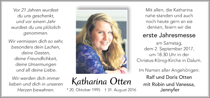  Traueranzeige für Katharina Otten vom 30.08.2017 aus Neue Osnabrücker Zeitung GmbH & Co. KG
