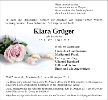 Traueranzeige von Klara Grüger von Neue Osnabrücker Zeitung GmbH & Co. KG