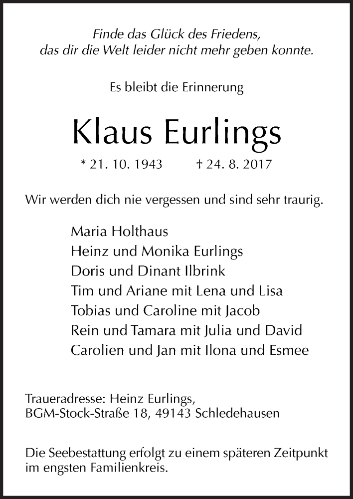  Traueranzeige für Klaus Eurlings vom 30.08.2017 aus Neue Osnabrücker Zeitung GmbH & Co. KG