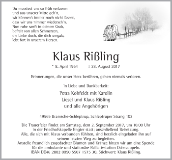 Traueranzeige von Klaus Rißling von Neue Osnabrücker Zeitung GmbH & Co. KG