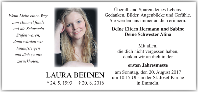  Traueranzeige für Laura Behnen vom 17.08.2017 aus Neue Osnabrücker Zeitung GmbH & Co. KG