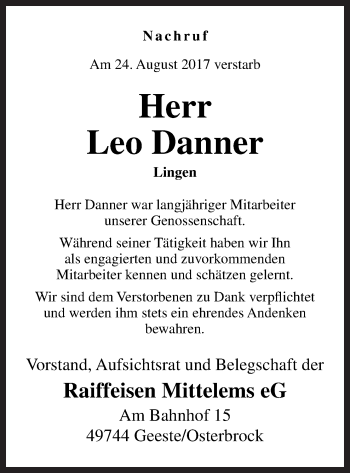 Traueranzeige von Leo Danner von Neue Osnabrücker Zeitung GmbH & Co. KG