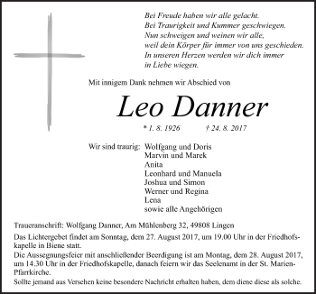 Traueranzeige von Leo Danner von Neue Osnabrücker Zeitung GmbH & Co. KG