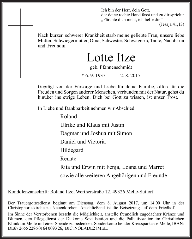  Traueranzeige für Lotte Itze vom 04.08.2017 aus Neue Osnabrücker Zeitung GmbH & Co. KG
