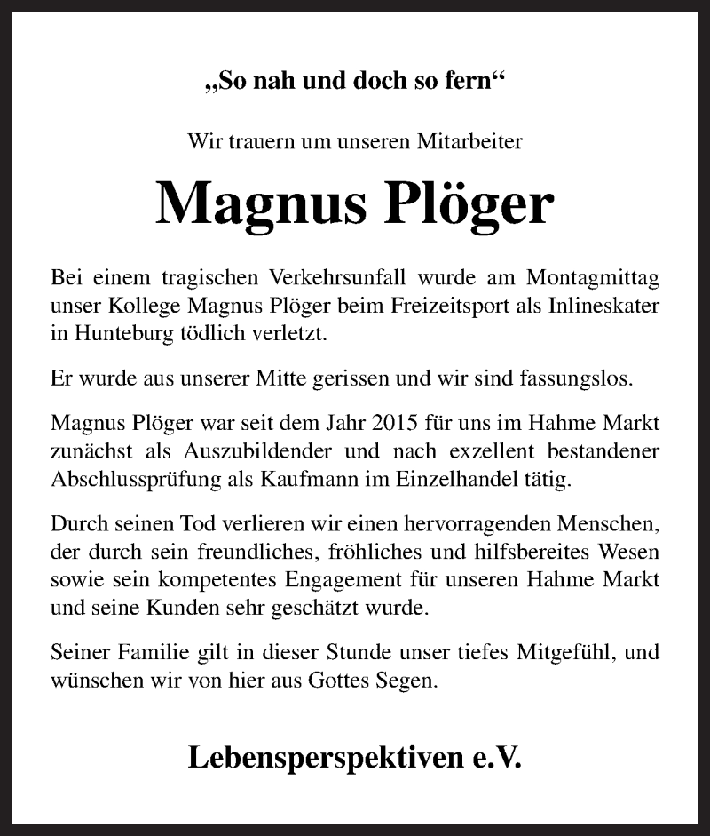  Traueranzeige für Magnus Plöger vom 21.08.2017 aus Neue Osnabrücker Zeitung GmbH & Co. KG