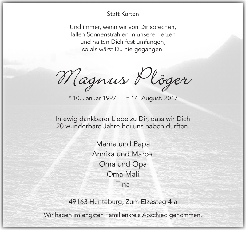  Traueranzeige für Magnus Plöger vom 21.08.2017 aus Neue Osnabrücker Zeitung GmbH & Co. KG