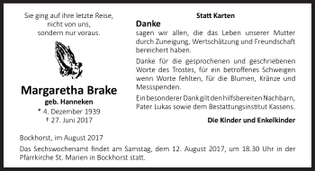 Traueranzeige von Margaretha Brake von Neue Osnabrücker Zeitung GmbH & Co. KG