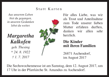 Traueranzeige von Margaretha Kalkofen von Neue Osnabrücker Zeitung GmbH & Co. KG