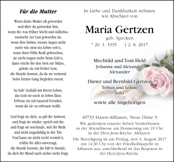 Traueranzeige von Maria Gertzen von Neue Osnabrücker Zeitung GmbH & Co. KG