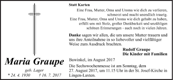 Traueranzeige von Maria Graupe von Neue Osnabrücker Zeitung GmbH & Co. KG