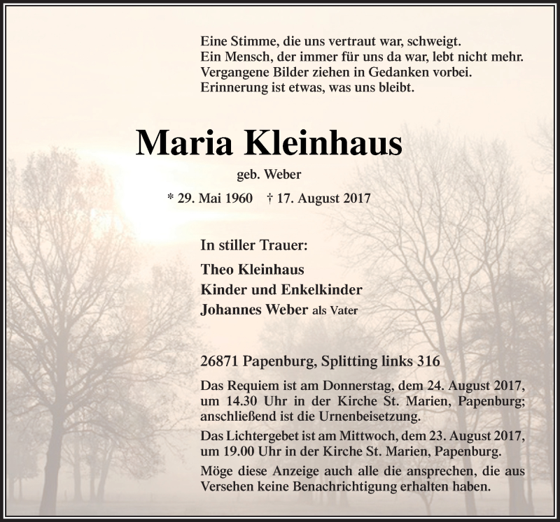  Traueranzeige für Maria Kleinhaus vom 21.08.2017 aus Neue Osnabrücker Zeitung GmbH & Co. KG