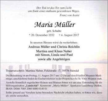Traueranzeige von Maria Müller von Neue Osnabrücker Zeitung GmbH & Co. KG