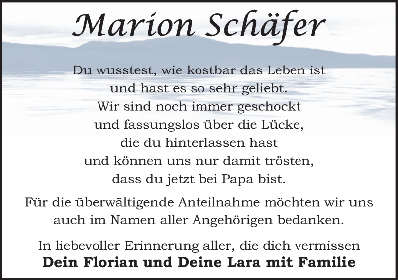  Traueranzeige für Marion Schäfer vom 12.08.2017 aus Neue Osnabrücker Zeitung GmbH & Co. KG