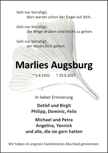 Traueranzeige von Marlies Augsburg von Neue Osnabrücker Zeitung GmbH & Co. KG