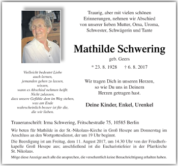 Traueranzeige von Mathilde Schwering von Neue Osnabrücker Zeitung GmbH & Co. KG