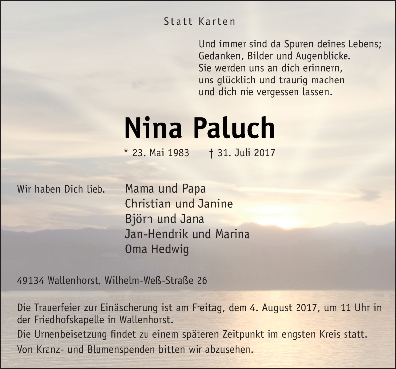  Traueranzeige für Nina Paluch vom 02.08.2017 aus Neue Osnabrücker Zeitung GmbH & Co. KG