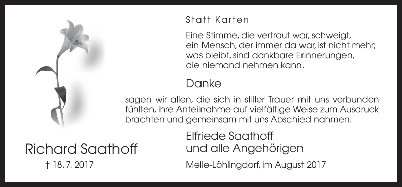  Traueranzeige für Richard Saathoff vom 26.08.2017 aus Neue Osnabrücker Zeitung GmbH & Co. KG