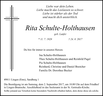 Traueranzeige von Rita Schulte-Holthausen von Neue Osnabrücker Zeitung GmbH & Co. KG