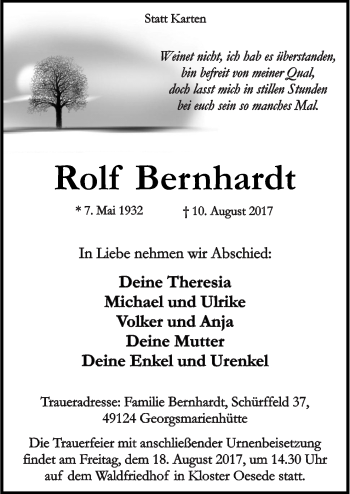 Traueranzeige von Rolf Bernhardt von Neue Osnabrücker Zeitung GmbH & Co. KG