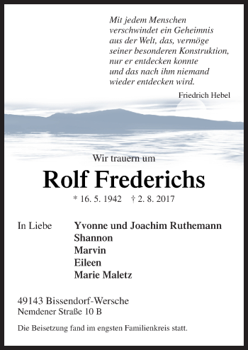 Traueranzeige von Rolf Frederichs von Neue Osnabrücker Zeitung GmbH & Co. KG