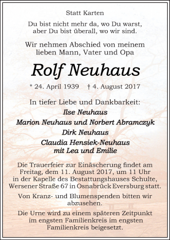 Traueranzeige von Rolf Neuhaus von Neue Osnabrücker Zeitung GmbH & Co. KG