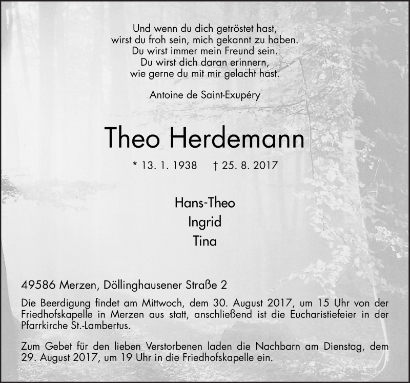  Traueranzeige für Theo Herdemann vom 28.08.2017 aus Neue Osnabrücker Zeitung GmbH & Co. KG
