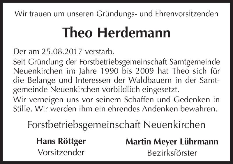  Traueranzeige für Theo Herdemann vom 29.08.2017 aus Neue Osnabrücker Zeitung GmbH & Co. KG