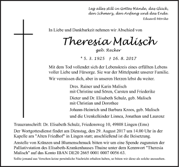 Traueranzeige von Theresia Malisch von Neue Osnabrücker Zeitung GmbH & Co. KG