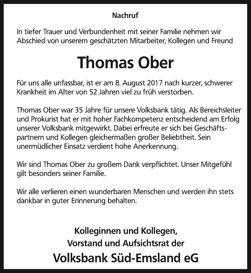  Traueranzeige für Thomas Ober vom 14.08.2017 aus Neue Osnabrücker Zeitung GmbH & Co. KG