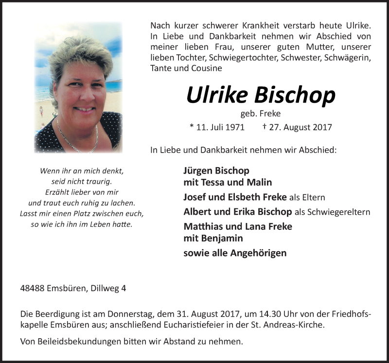  Traueranzeige für Ulrike Bischop vom 29.08.2017 aus Neue Osnabrücker Zeitung GmbH & Co. KG