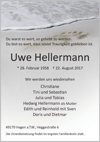 Traueranzeige von Uwe Hellermann von Neue Osnabrücker Zeitung GmbH & Co. KG