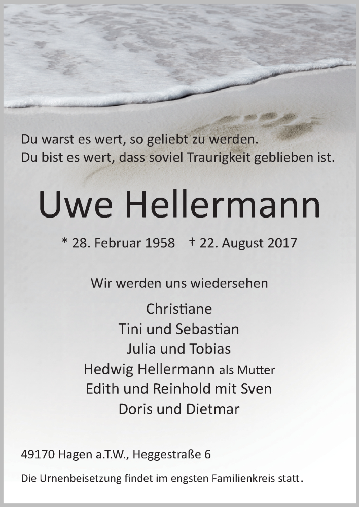  Traueranzeige für Uwe Hellermann vom 26.08.2017 aus Neue Osnabrücker Zeitung GmbH & Co. KG