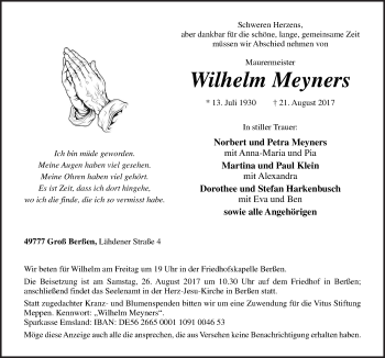 Traueranzeige von Wilhelm Meyners von Neue Osnabrücker Zeitung GmbH & Co. KG