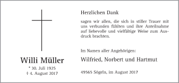 Traueranzeige von Willi Müller von Neue Osnabrücker Zeitung GmbH & Co. KG