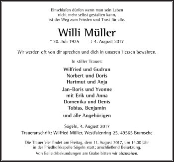 Traueranzeige von Willi Müller von Neue Osnabrücker Zeitung GmbH & Co. KG