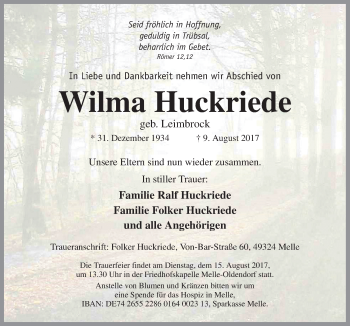 Traueranzeige von Wilma Huckriede von Neue Osnabrücker Zeitung GmbH & Co. KG