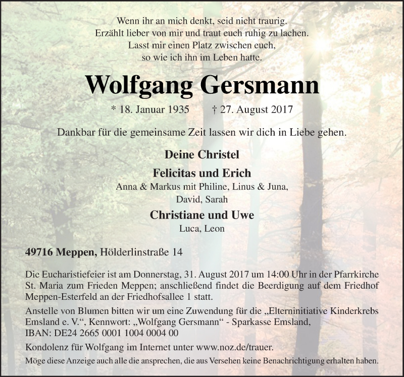  Traueranzeige für Wolfgang Gersmann vom 29.08.2017 aus Neue Osnabrücker Zeitung GmbH & Co. KG