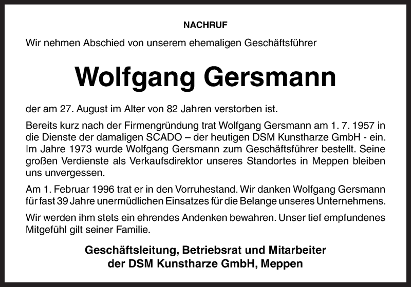  Traueranzeige für Wolfgang Gersmann vom 31.08.2017 aus Neue Osnabrücker Zeitung GmbH & Co. KG
