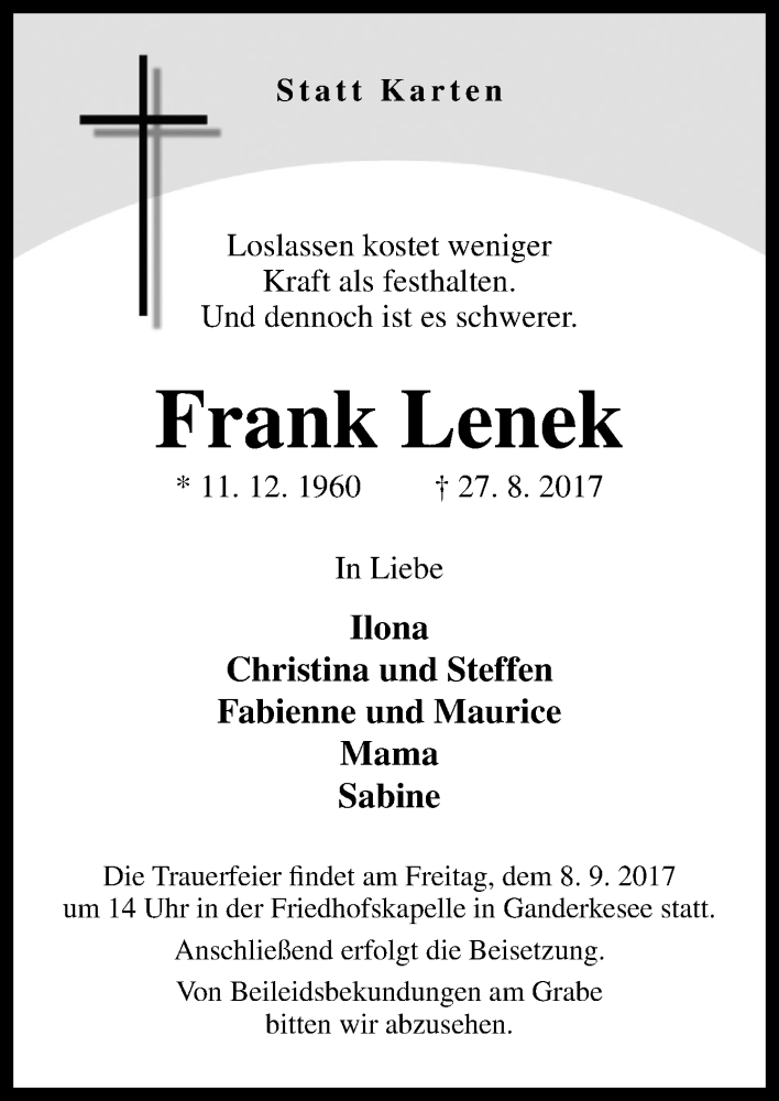  Traueranzeige für Frank Lenek vom 05.09.2017 aus 