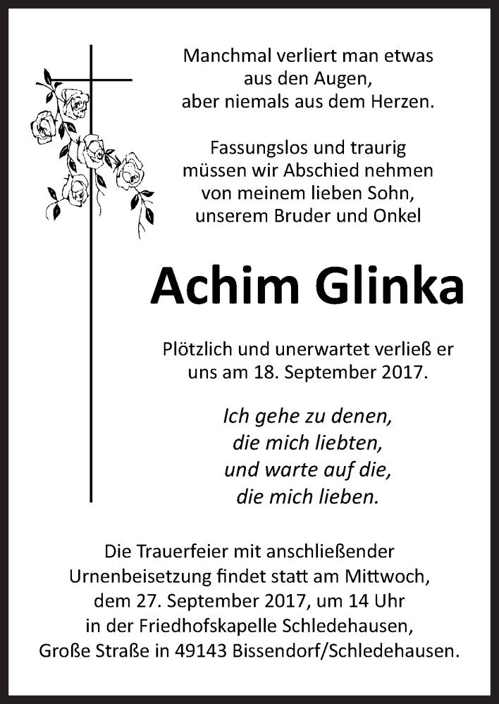  Traueranzeige für Achim Glinka vom 26.09.2017 aus Neue Osnabrücker Zeitung GmbH & Co. KG