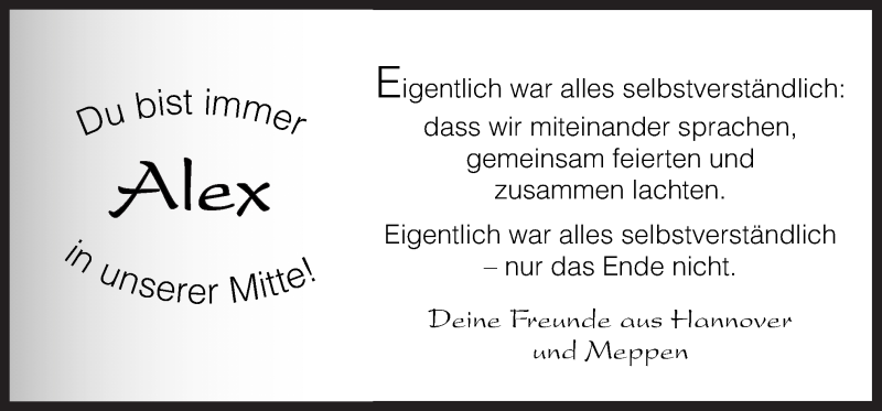  Traueranzeige für Alexander Fühner vom 25.09.2017 aus Neue Osnabrücker Zeitung GmbH & Co. KG